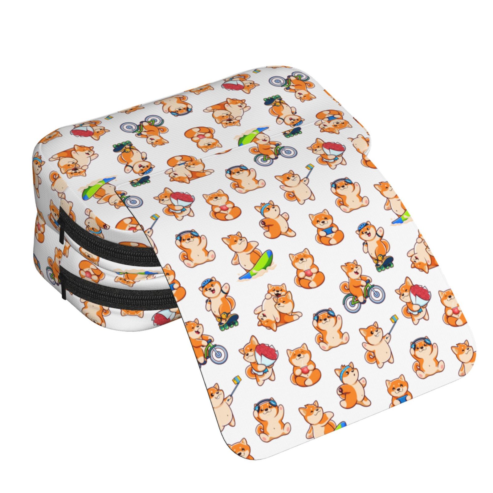 Rateoe Kawaii Shiba Dog Pattern Double Clamshell Pen Case, Storage Organizer with Two Zipper Compartments– Holds Up to 50 Pencils & Pens