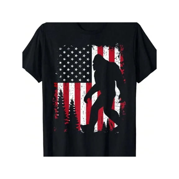 Retro Bigfoot Sasquatch American Flag T-Shirt - Vintage Patriotic USA Silhouette Graphic Tee for Men and Women - Distressed Forest Pine Tree Design