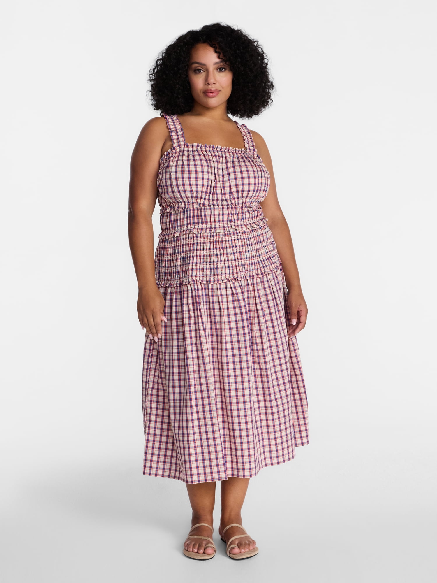 Time and Tru Women's and Women's Plus Sleeveless Smocked Peasant Midi Dress, Sizes XS-4X
