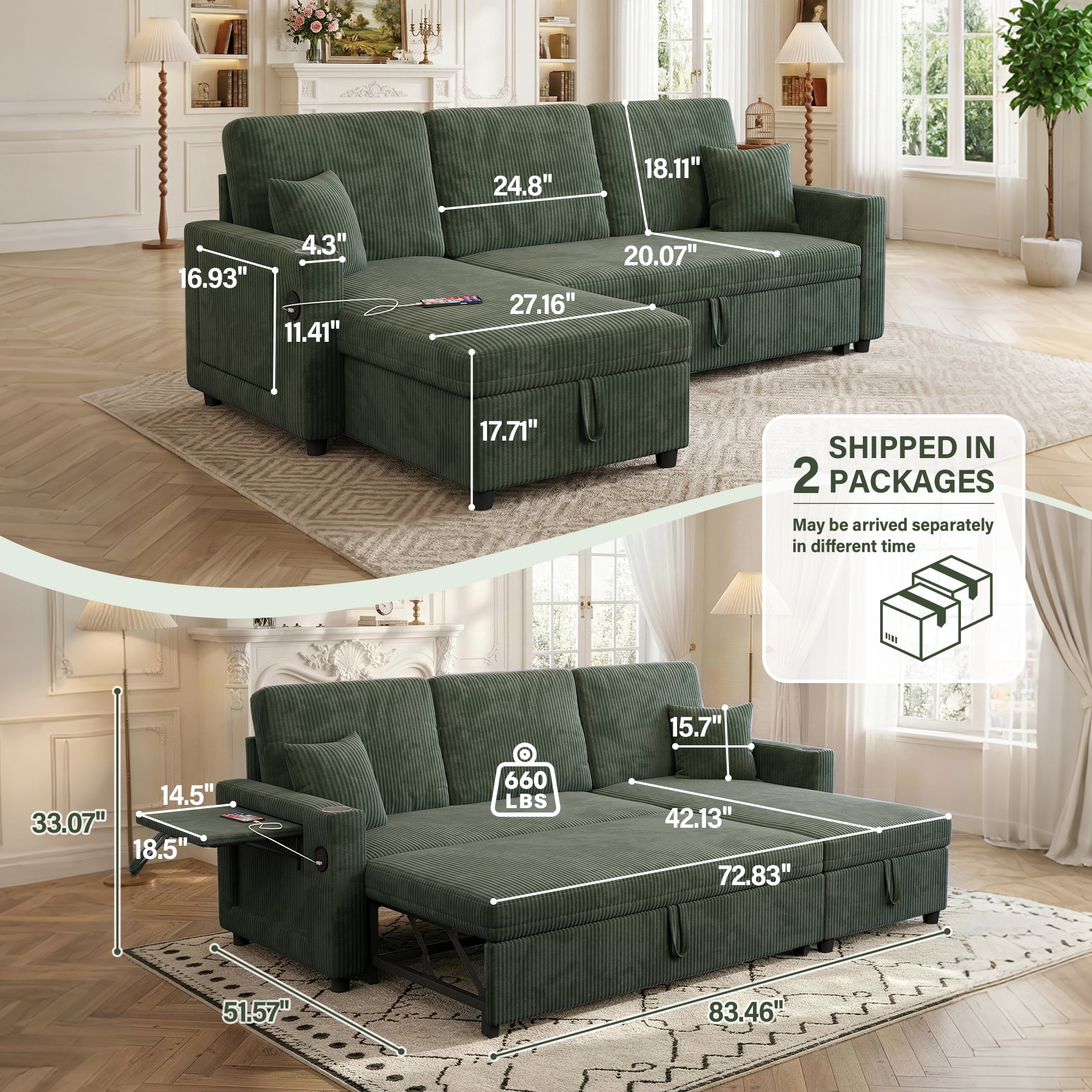 Aukfa 83" L-Shaped Sleeper Sleeper Sofa with Storage Chaise & Rotating Side Table, L-Shaped Corduroy Convertible Couch with USB/Type-C Ports,Green