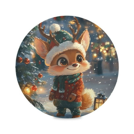 

WOBOGO Cute Little Fox Wearing A Christmas Hat Round Placemats Set of 1 Heat Resistant Washable Kitchen Table Decorations 15.4in