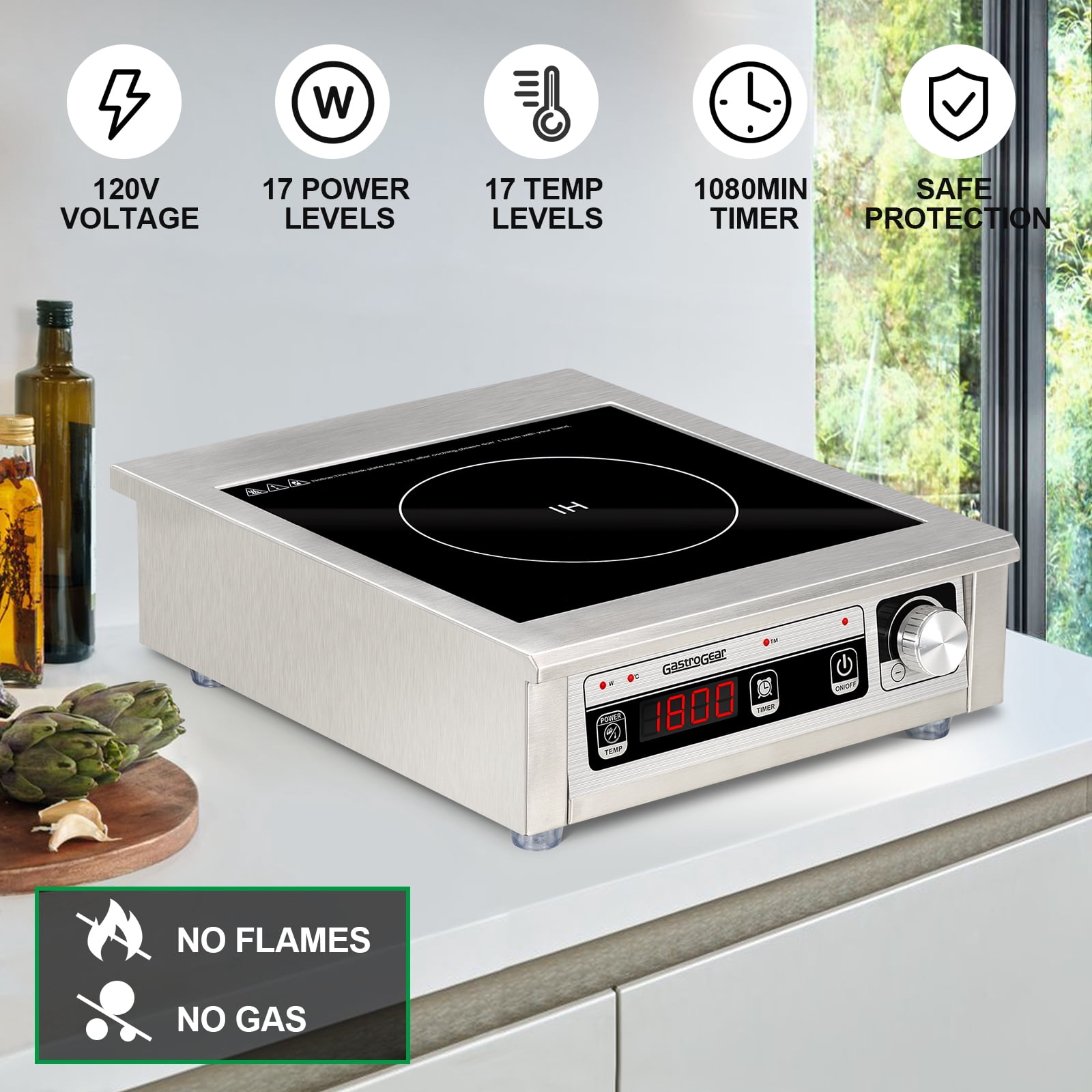 GastroGear 1800W 100V-185V Commercial Grade Induction Cooktop ETL-Certified Portable Electric Stove Countertop Burner with 9 Inch Heating Coil Hot Plate Electric Stove for Faster Cooking