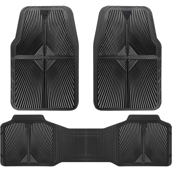 CAR PASS Rubber Floor Mats, All Weather Waterproof Trim-to-Fit Automotive Mats for Cars Trucks SUV, Anti-Slip Easy Clean, Heavy Duty Full Set 3-Piece, All Black