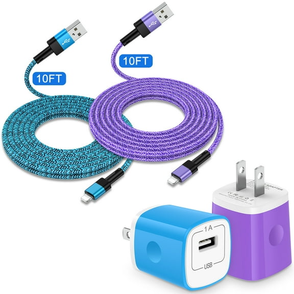 Zacenei USB Charger Block,2Pack iPhone Charging Cables 10ft Charger Cord & 2Pack USB Charger Adapter Wall Charger Plug Multi Charger Fast Charging Cords 10ft Charger Block Compatible for iPhone 14 13
