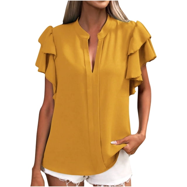 FAIWAD Casual Dressy Tops for Women Loose Ruffle Short Sleeve V Neck Workout Work Shirts