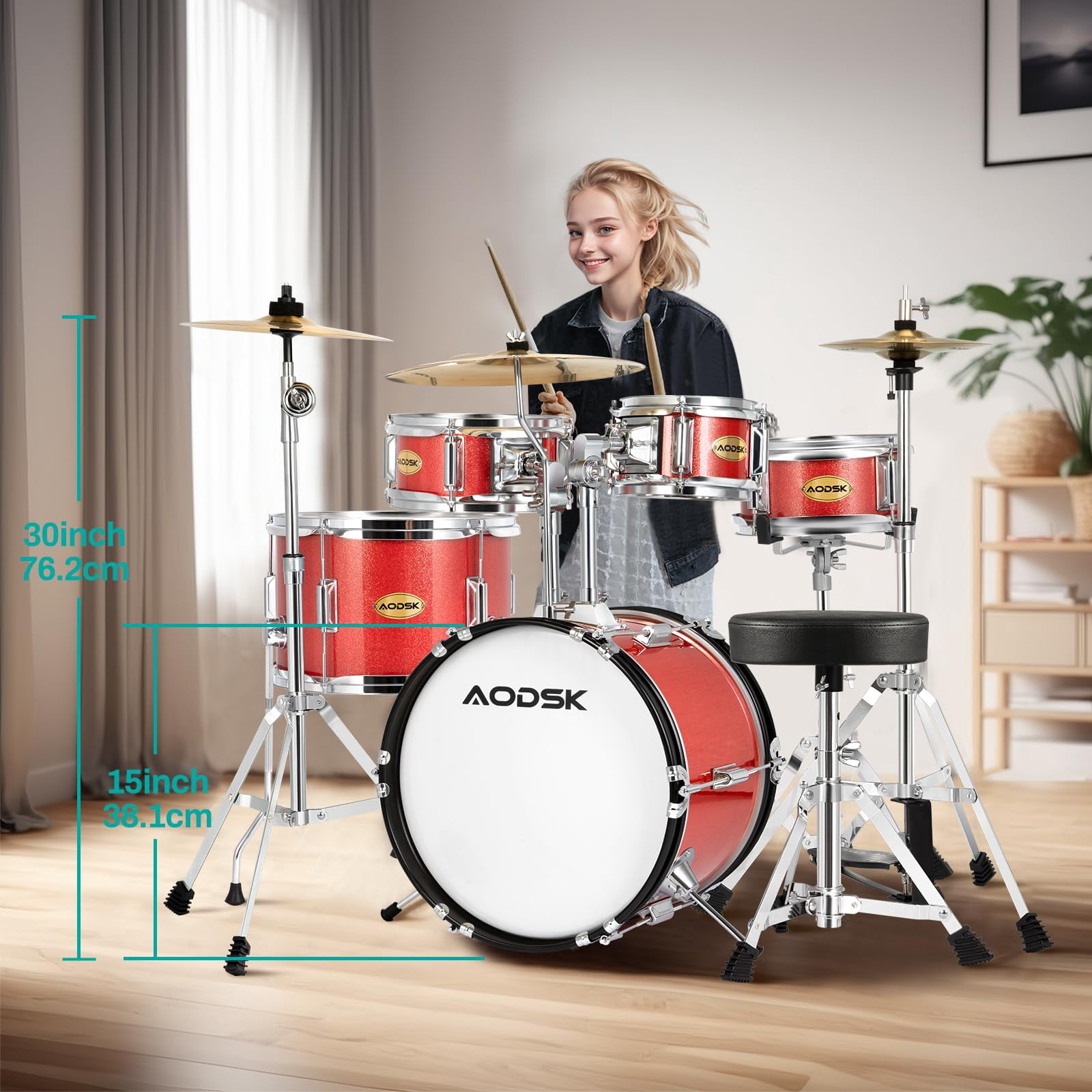 AODSK 5-Piece Junior Drum Set, a Complete Kit for Kids with Bass Drum, Tom-Tom, Snare, Cymbals, Hi-Tone Drum, Sticks, Base Pedal and Stool, Beginner Set, Gift for Boys & Girls