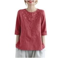 thumbnail image 2 of Homenesgenics Womens Tops under $5 Women's Casual Solid Color Vintage Cotton Linen T-shirt Embroidered Crew-Neck Tops Short Sleeve Tops/shirt Red M, 2 of 8