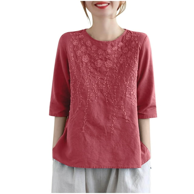 Vestidos Casuales Para Mujer, Blusas De Mujer De Moda Camiseta informal de lino vintage de color liso para mujer, con bordado, cuello redondo, manga corta y cuello redondo.