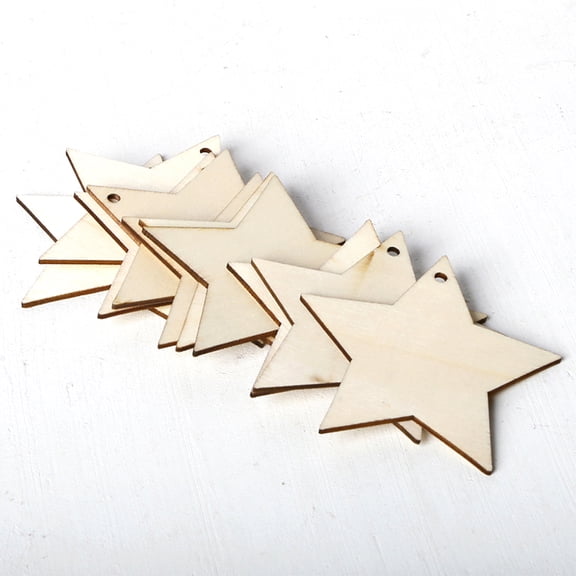 TEHAUX 10pcs Rustic Wooden Star Ornaments with Hemp Rope for Party, Home, Christmas Tree Decoration