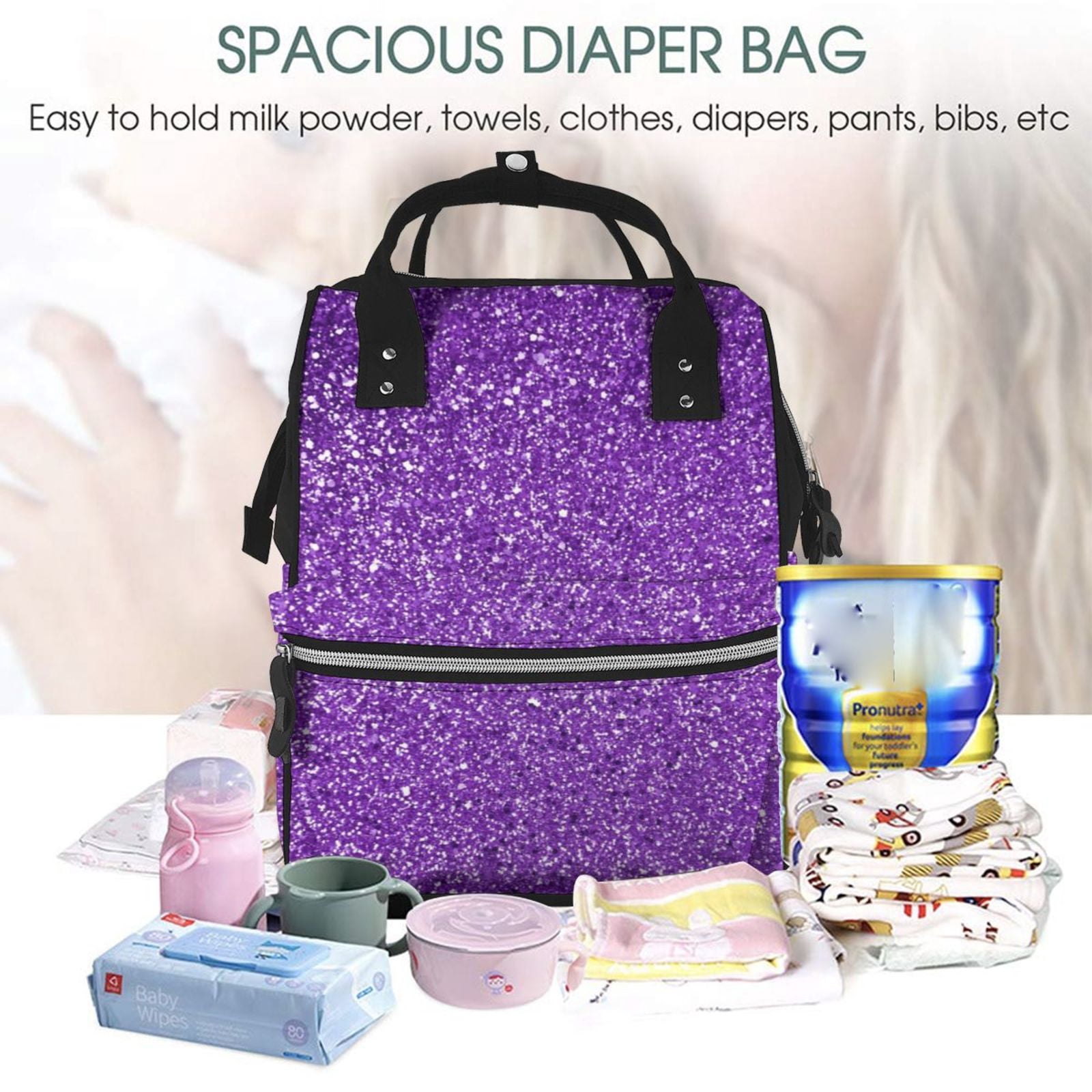 Ratiio Glitter Purple Mummy Backpack - Waterproof Twill Canvas, Large Capacity Diaper Bag with Multiple Pockets and Adjustable Straps