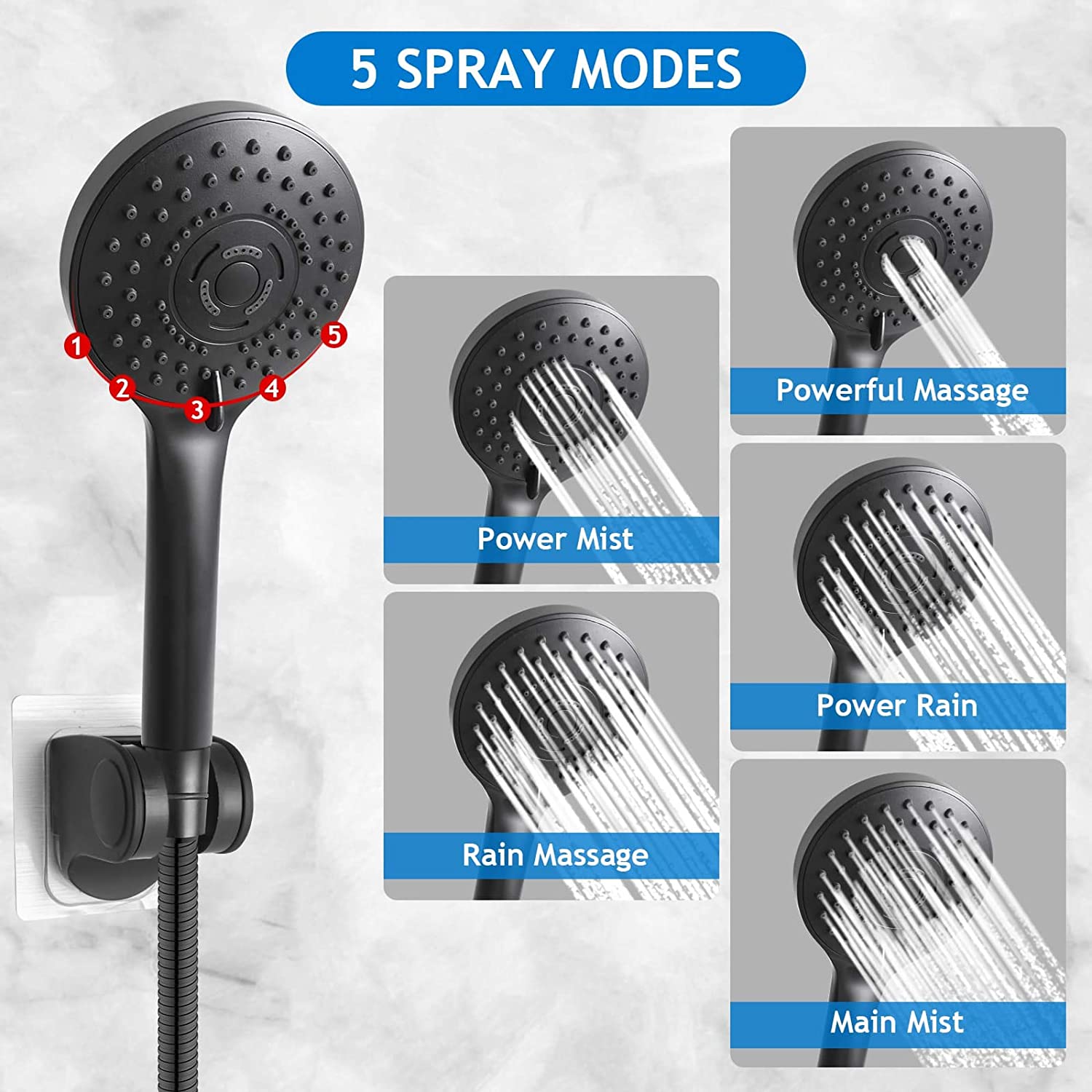 KINGTACK shower head combo, 12 Inch Rain Shower Head with Adjustable Extension Arm and 5 Spray Filtered Shower Head, Black