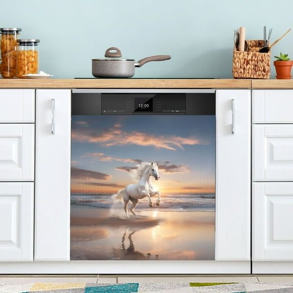 White Horse Beach Sea Dishwasher Magnetic Covers Magnet Sticker Kitchen Decor Dishwasher Refrigerator Front Door Covers Decorative Magnetic 23" x 26"