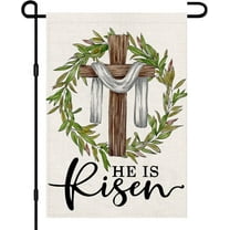 AMHNF He Is Risen Easter Linen Garden Flag 12x18 inch Double Sided, Cross Wreath Sign Small Yard Flag for Holiday Home Outside Decoration