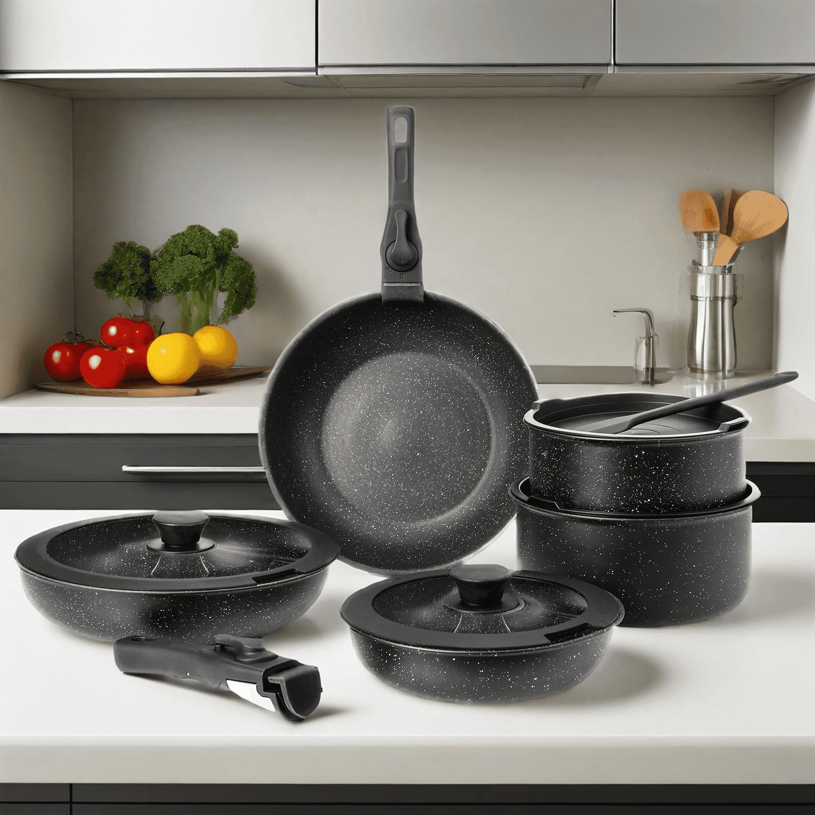 JOINSUN 12 Pcs Pots and Pans Set Nonstick - Stackable Cookware Sets with Detachable Handle, Black