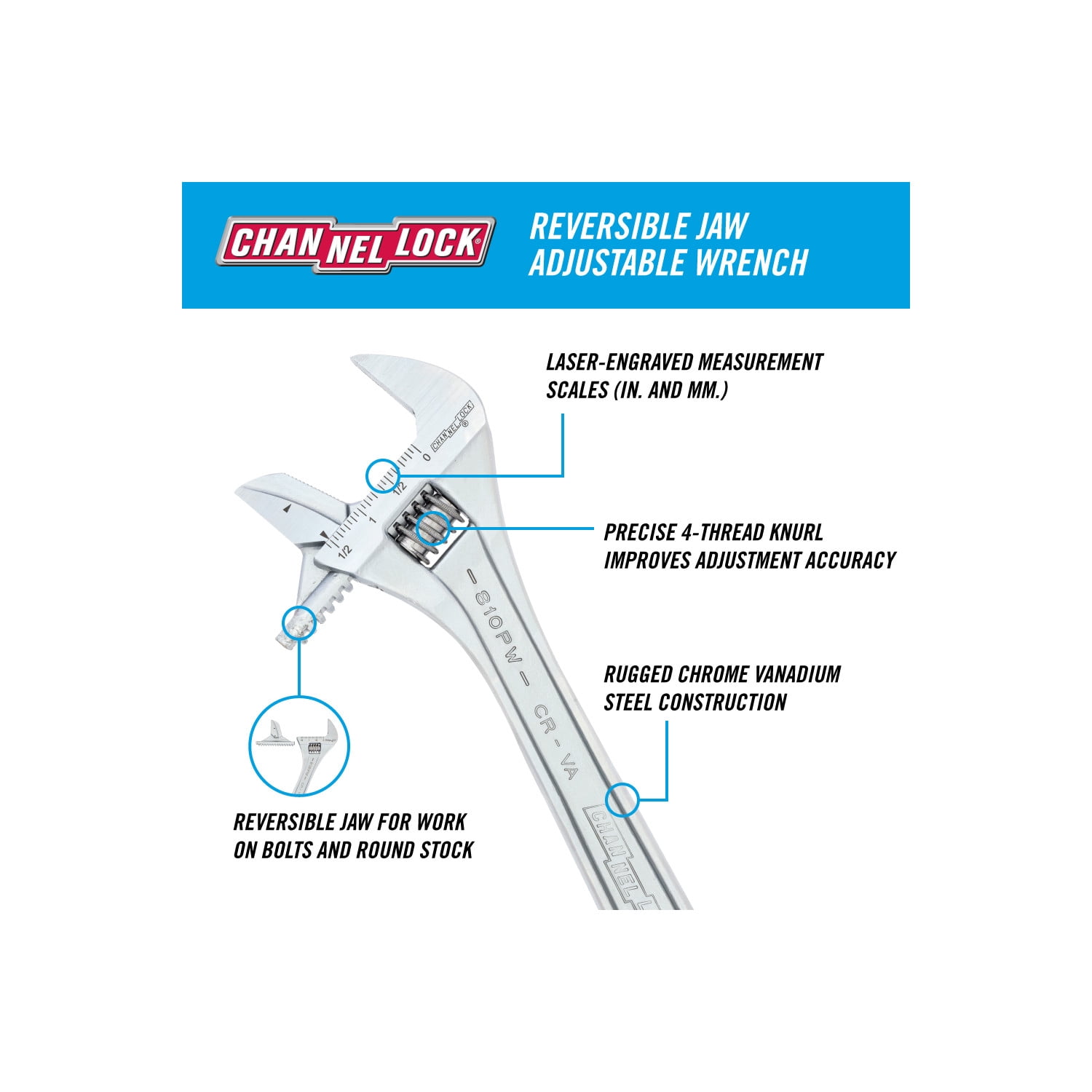 CHANNELLOCK 10-inch Reversible Jaw Adjustable Wrench, Precise 1.57-inch Wide Mouth Jaw Capacity (810PW)