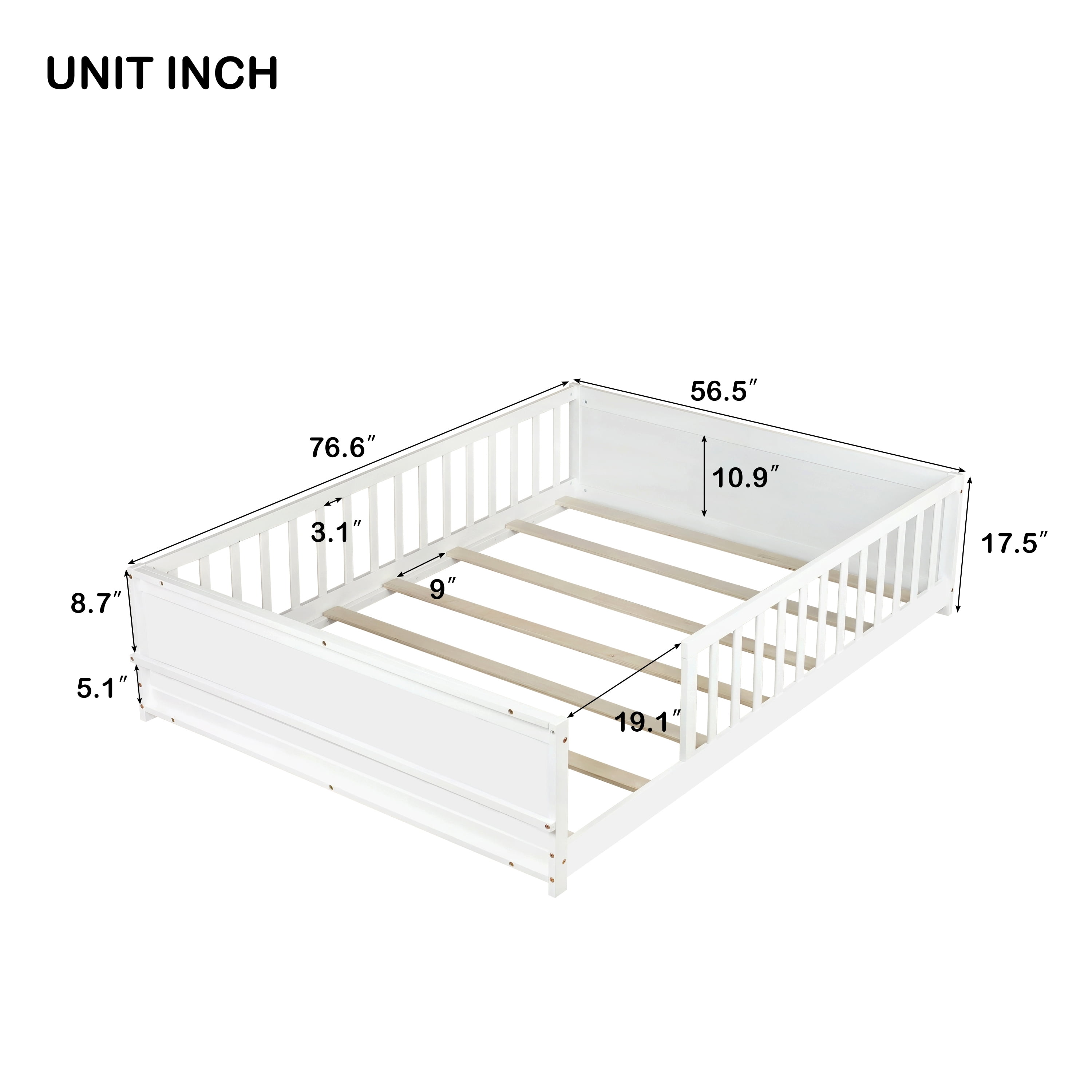 Miniyam Full Size Kids Floor Bed with Guardrails and Bookshelf, Wooden Low Profile Bed, White
