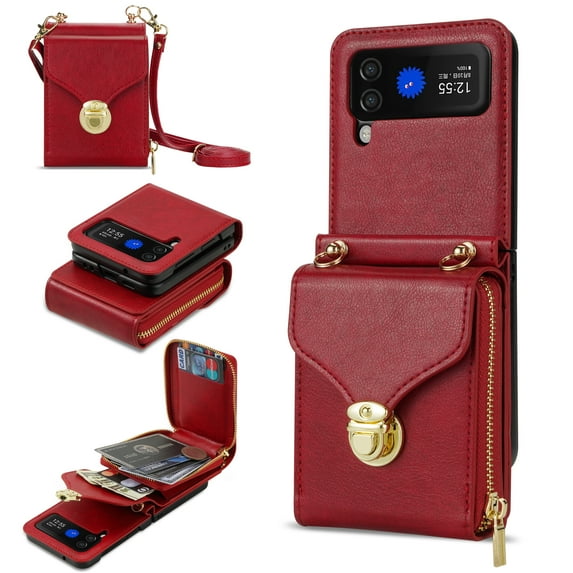 Nalacover Wallet Case for Samsung Galaxy Z Flip4,with Removable Adjustable Shoulder Strap,PU Leather Back Zipper Pocket Card Holder Purse Shockproof Phone Case for Women Men,Red