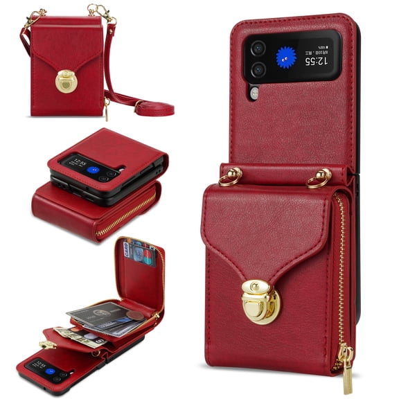 Samsung Galaxy Z Flip 4 Case with Card Holder for Women Phone Case Wallet with Strap Credit Card Slots Crossbody Strap with Kickstand Zipper Shockproof Case For Samsung Galaxy Z Flip 4,Red