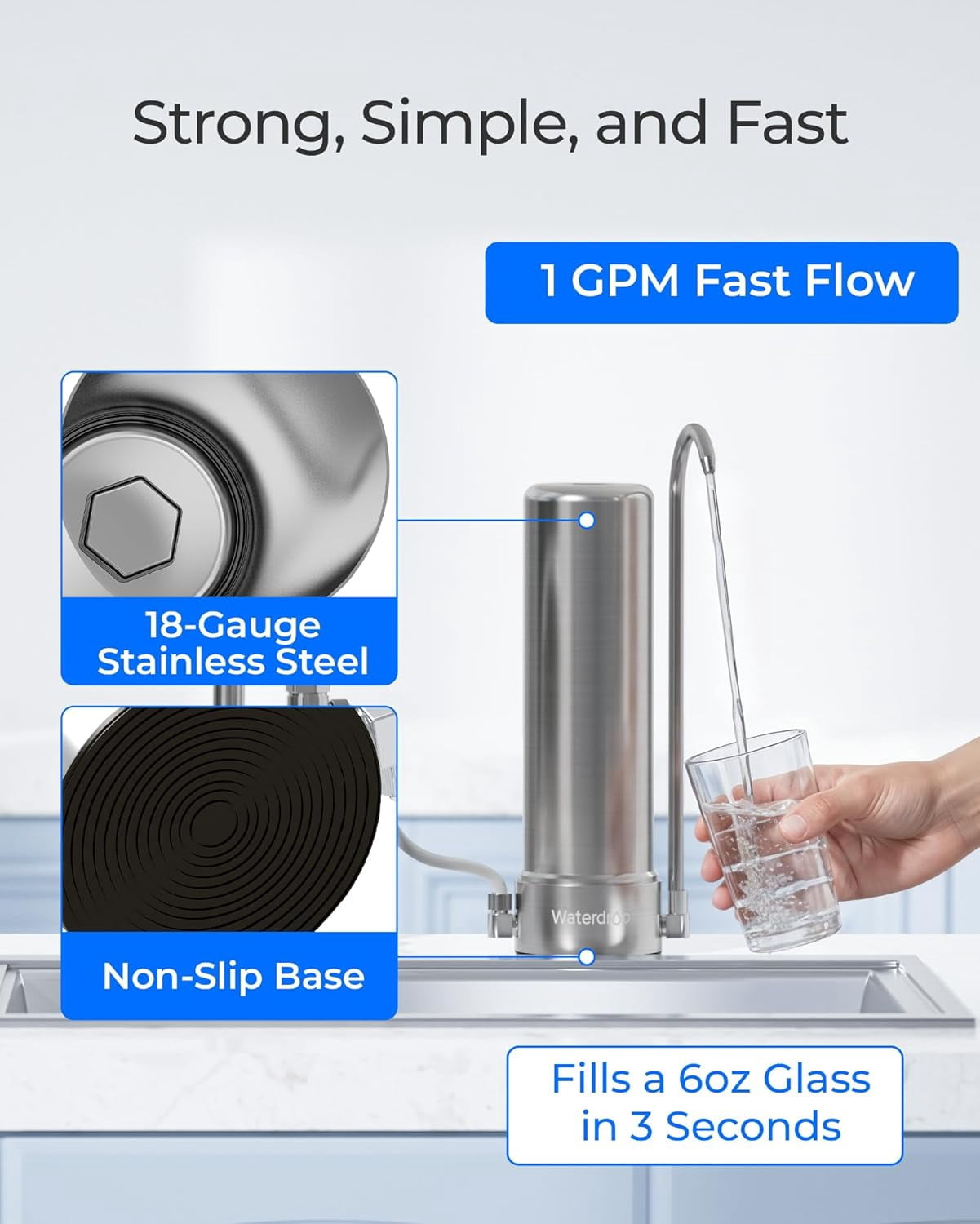 Waterdrop WD-CTF-01 Countertop Filtration System, 5-Stage Stainless Steel Countertop Filter, Long-Lasting Faucet Water Filter, Reduces 99% of Chlorine, Heavy Metals, Bad Taste (1 Filter Incl