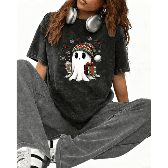 Women Christmas Graphic Washed Tee T-Shirt Cute Ghost Christmas Print Top Trendy Short Sleeve Black S-2XL Plus Size