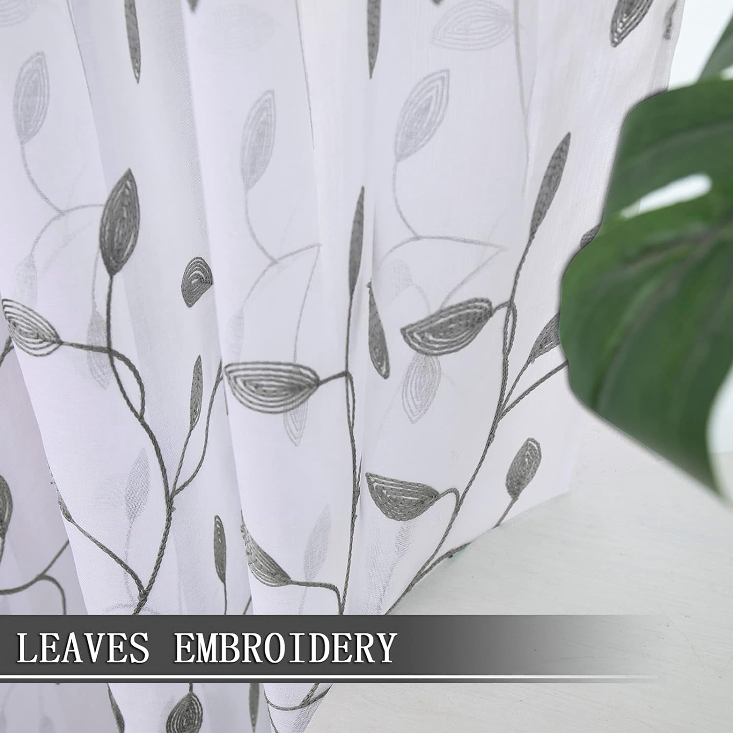 Sunyuer Leaves Short Sheer Curtains Grey Leaf Embroidery Curtain Rod Pocket Voile Faux Linen Embroidered Leaves Curtains for Bedroom Living Room, 52W X 63L inch, Set of 2 Panels, Grey