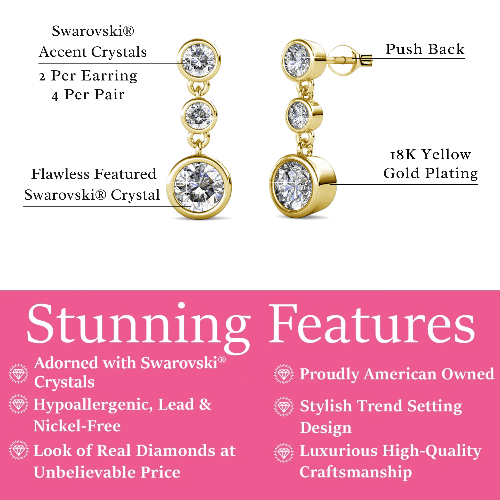 Cate & Chloe Bailey 18k Yellow Gold Plated Dangle Earrings with Swarovski Crystals, Gift for Women