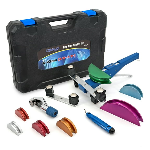 90° Ratcheting Tube Bender Kit - LITE MODEL (No Reverse) with 7 Electroplated Bender Heads for 1/4" to 7/8" Pipes, Aluminum Construction for HVAC/Hydraulic Projects (Blue)