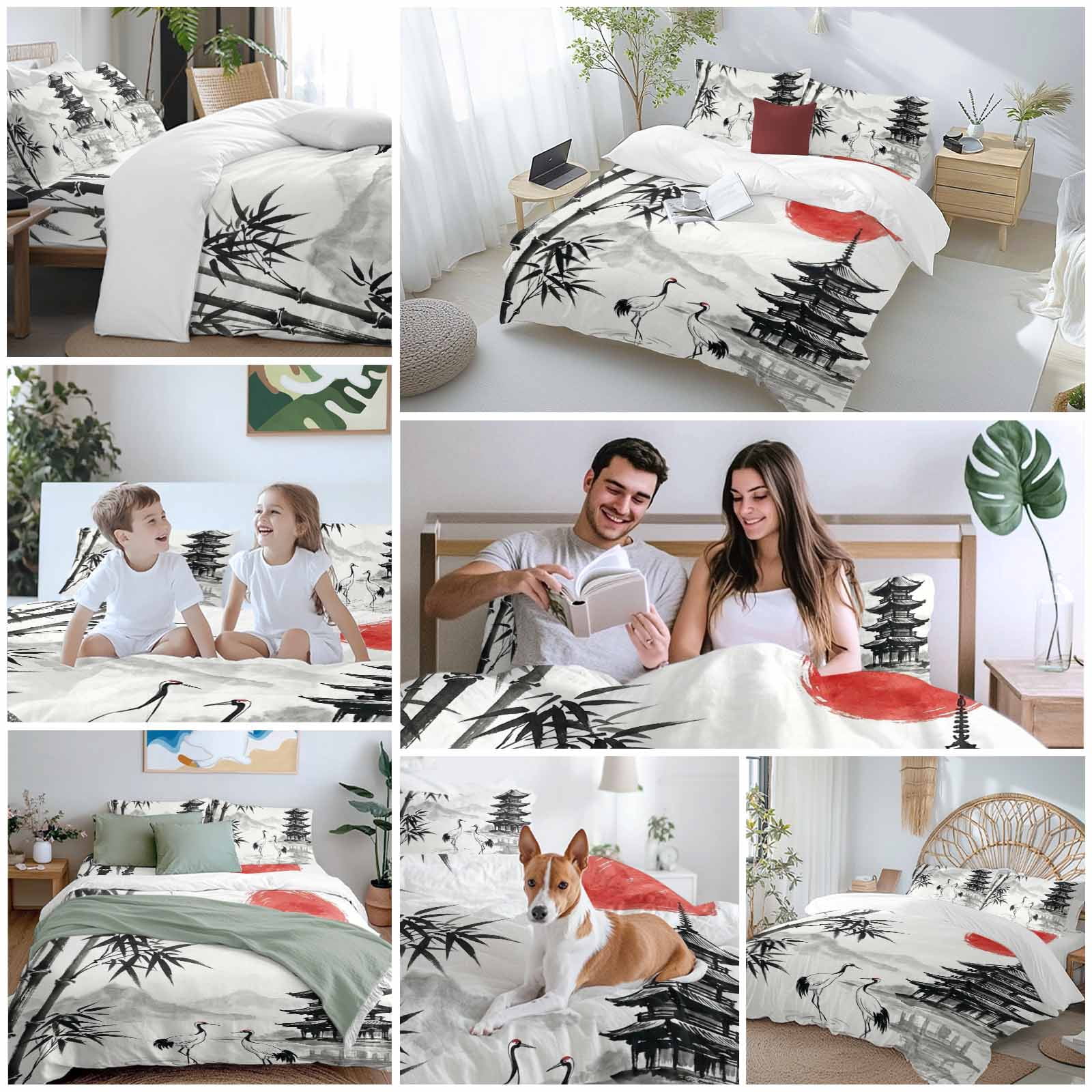 White Crane 4 Piece Duvet Cover Set Queen Size Ink Wash Gray Black Bamboos Trees Japanese Pagoda Red Sun Soft Bedding Set Comforter Cover, 1 Duvet Cover 1 Flat Sheets and 2 Pillowcases