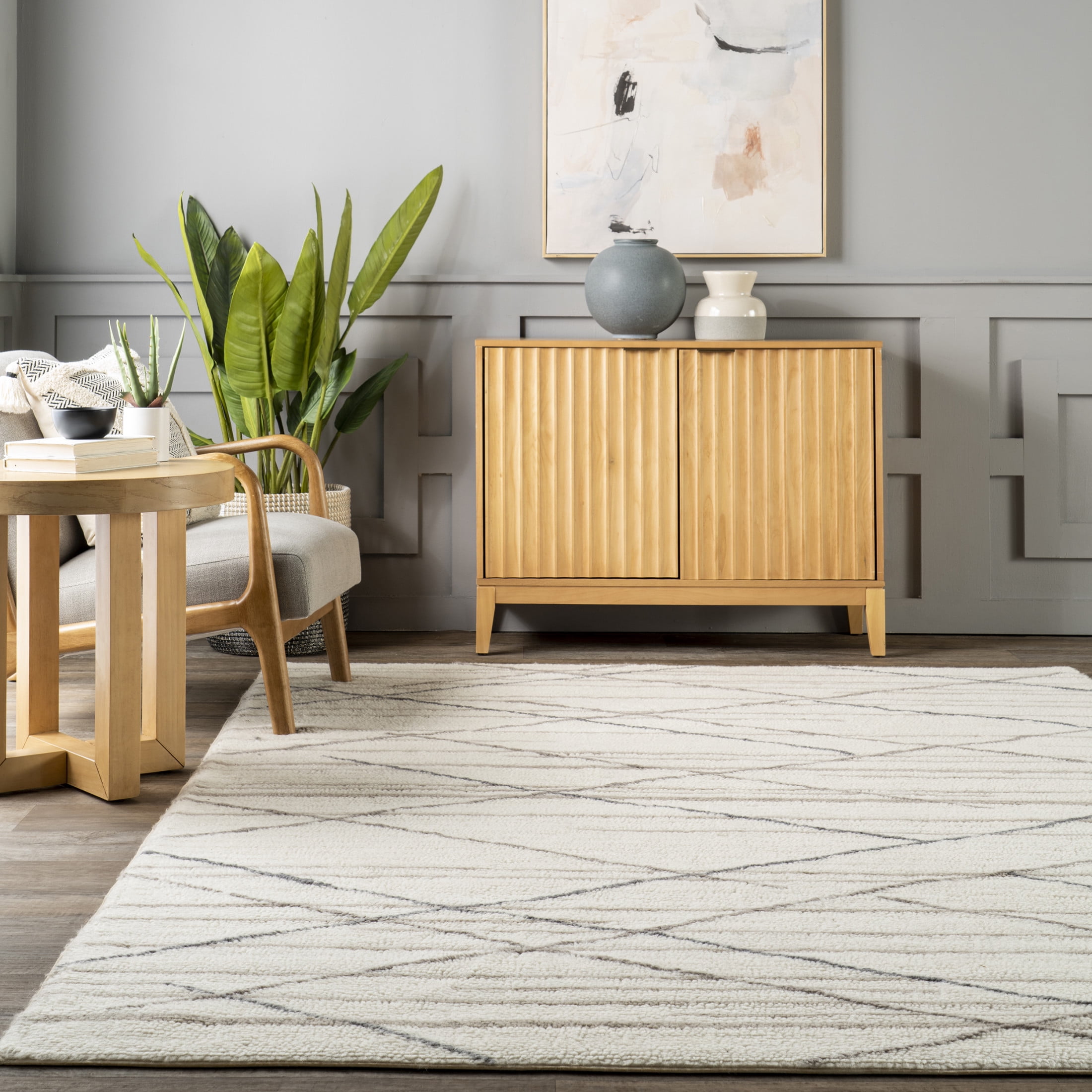 Rugs USA Pick-Up-Sticks Machine Washable Wool Area Rug, 6' x 9', Alida Ivory