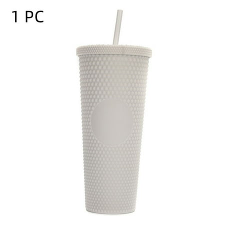 

Matte Studded Double Wall Water Tumbler with Straw and Leak Proof Lid Happon 24 oz Reusable Plastic Iced Coffee Custom Cup Personalized (Antique White)