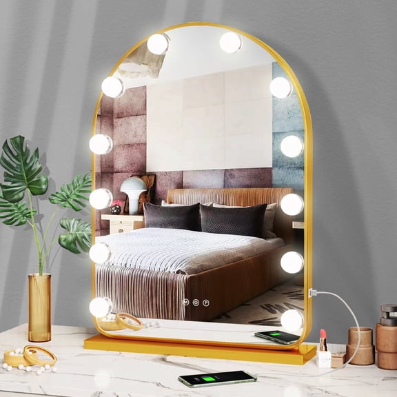 Bathroom Gold Standing Mirror With Lights 3Color Dimmable 12 Bulbs Hollywood Mirror For Desk With Lights Vanity Lighted Mirror for Bedroom Wall Detachable Base Stand X10 Magnifying Arch Makeup Desk T