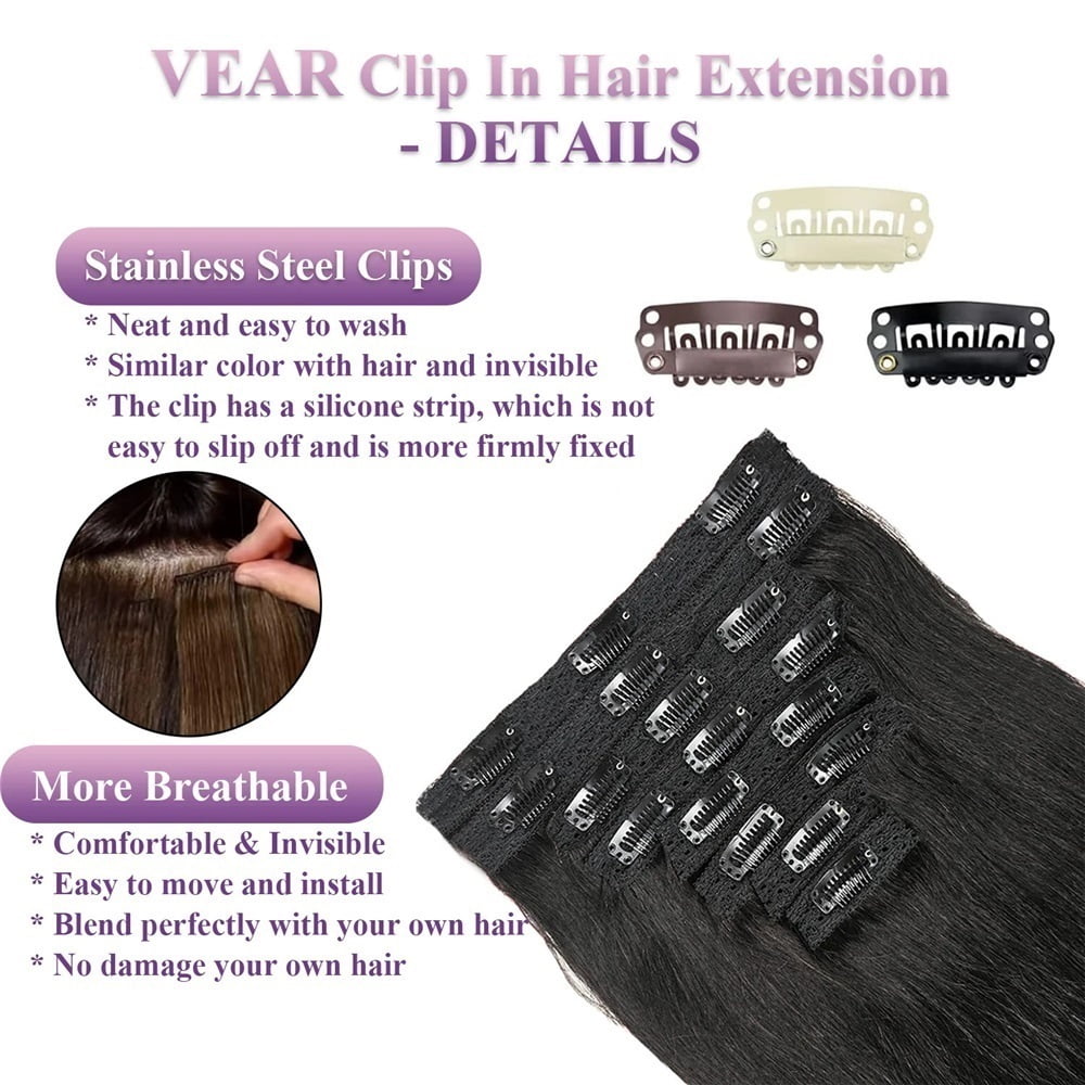 Real Human Hair Invisible Straight Seamless Clip On Hair Extensions 8pcs With 18 Clips Double Weft Hair 120g