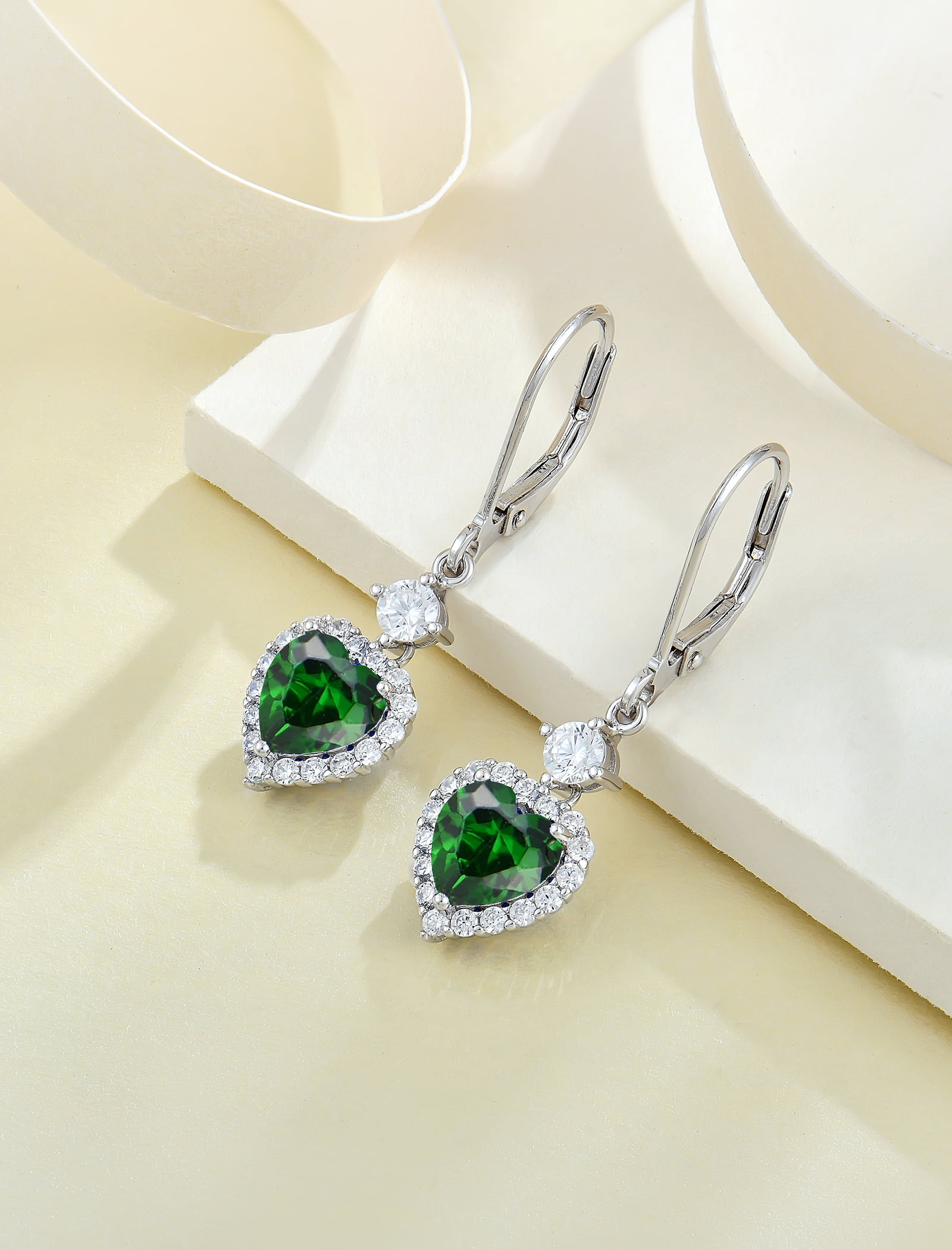 PYNZY 925 Sterling Silver Earrings with 7x7MM Heart Created Emerald Birthstones, Dangle Drop Earrings with Leverback for Women Jewelry Gifts