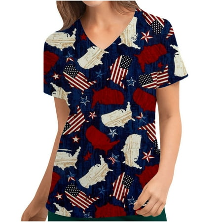 

Mchoice Womens Summer Tops V-Neck Short Sleeve Nursing Uniform Workwear 4th of July Independence Day American Flag Printed Graphic Tees Blouse Scrubs Tops with Pockets