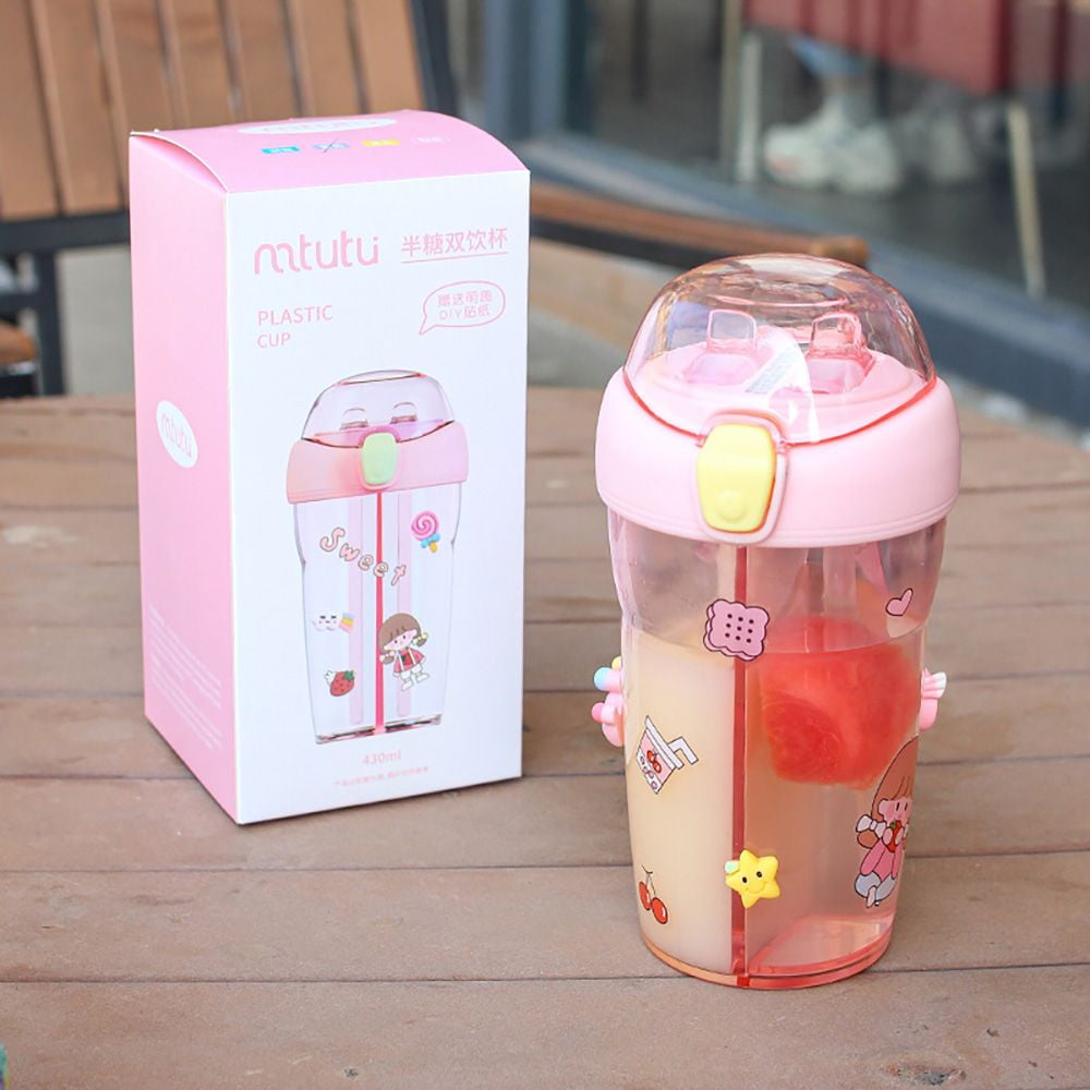 430ml Cute Children Double Drinking Water Bottle Straw Portable