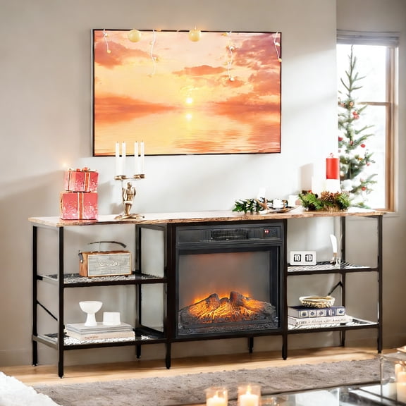 Ktaxon Mid-Century Fireplace TV Stand with 18in Electric Fireplace Mantel, 58" Entertainment Center with 4 Open Shelves and Heating for up to 65" TVs, Rustic Brown