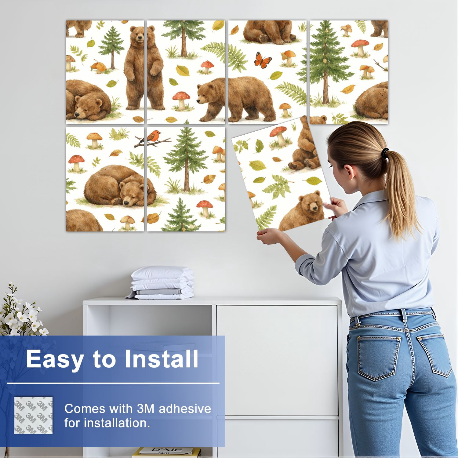 Classroom 8 Pack Art Acoustic Panels Sound Absorbing Cute Brown Bears Forest Elements Decorative Soundproof Wall Panels Self Adhesive for Nursery Kids Game Room 48"x32"