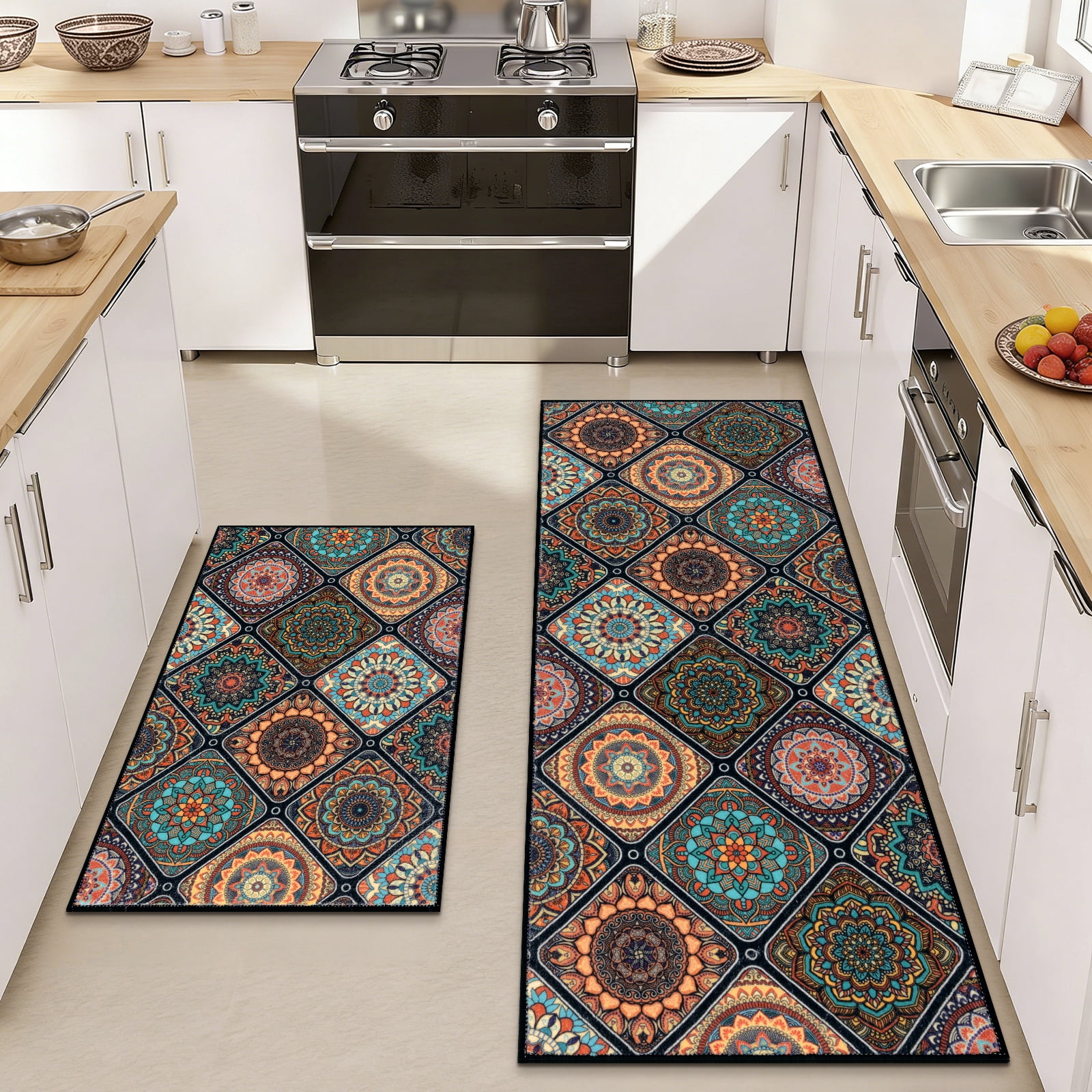 Findosom 2pc Boho Kitchen Rugs and Mats Set, Non Slip Washable Kitchen Runner Rug for Kitchen Floor, Farmhouse Kitchen Decor, Hallway, Entryway, Laundry Room,20"x32"+20"x47" Orange