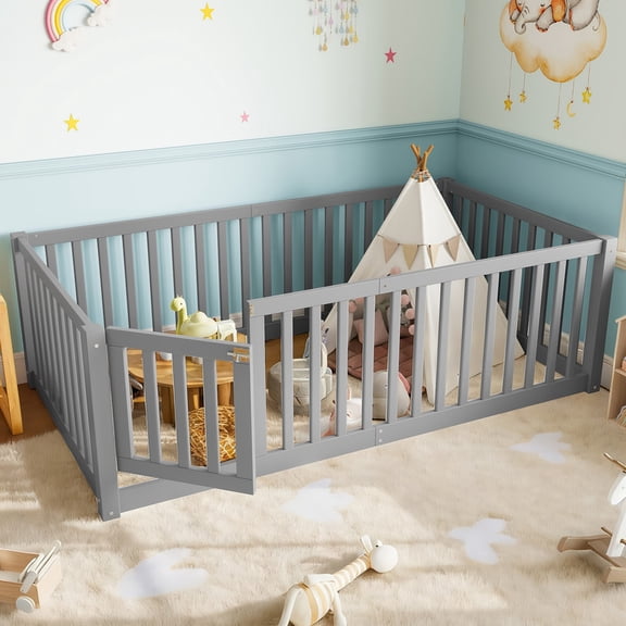 Bellemave Twin Size Floor Bed with Door and Fence, Montessori Floor Bed Twin, Wood Floor Bed with High Guardrails, Grey