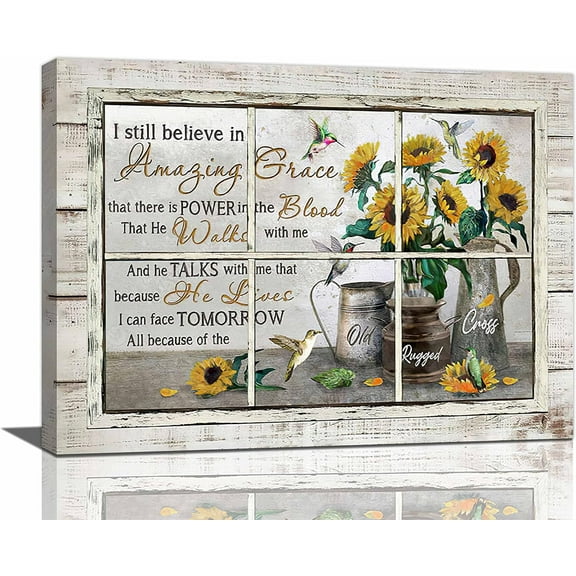 Farmhouse Christian Wall Art Rustic Sunflower Pictures Wall Decor Country Scripture Painting Bible Verse Religious Amazing Grace Canvas Prints Modern Framed Home Decor for Bathroom Bedroom 16"x12"