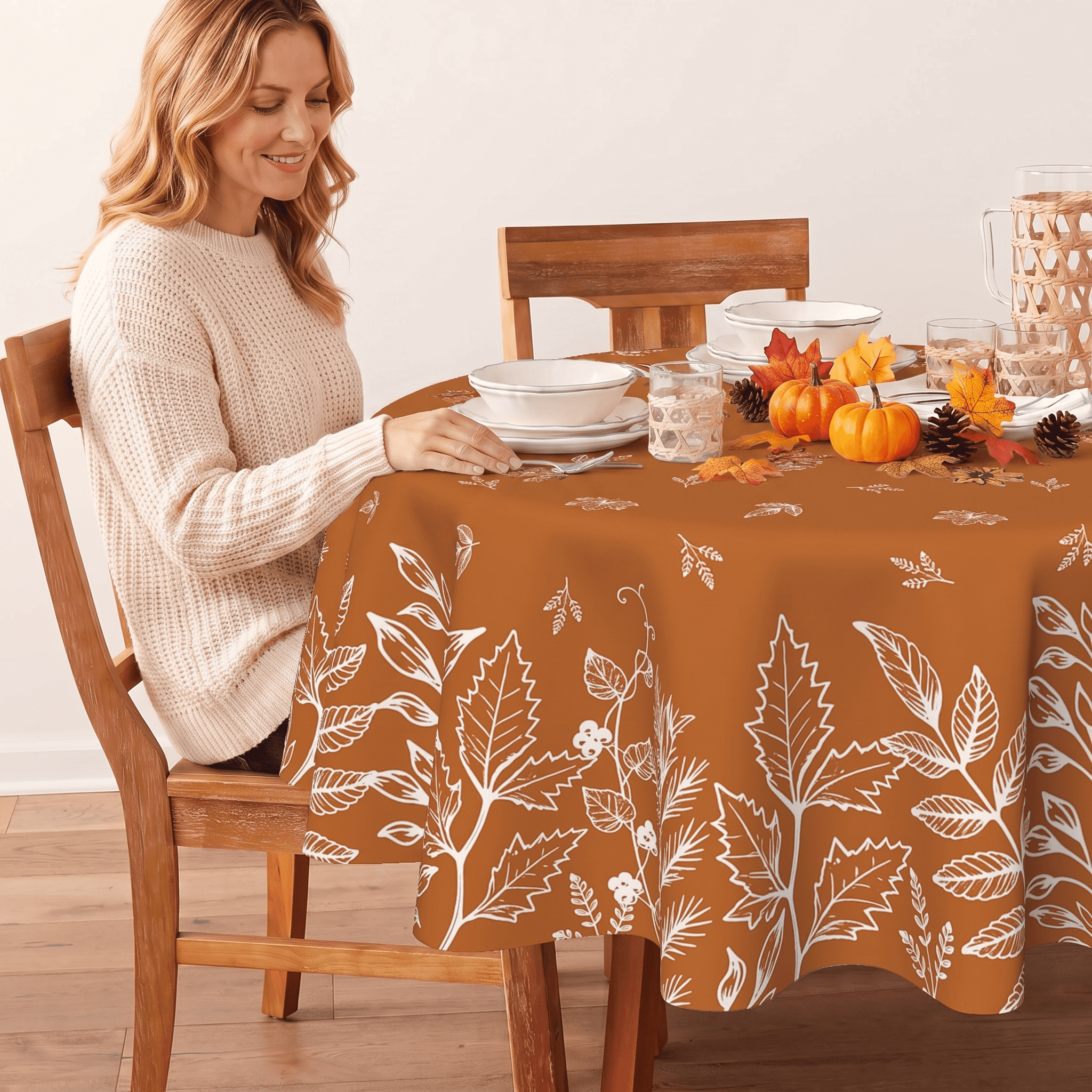 Sm:)e Fall Orange Round Tablecloth with Leaves, 70 Inch photo 3