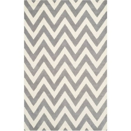SAFAVIEH Cambridge Kaitlyn Zig Zag Stripes Wool Area Rug, Silver/Ivory, 6' x 6' Round