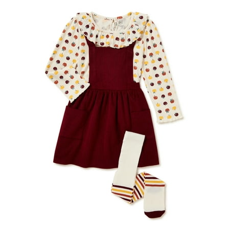 Wonder Nation Baby and Toddler Girls' Pinafore Dress, Long Sleeve Top and Tights Set, Sizes 12M - 5T