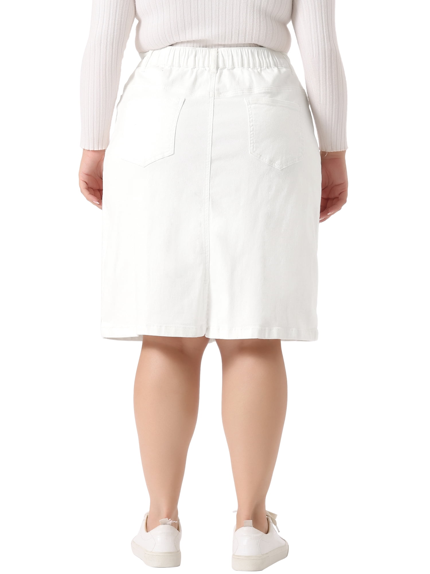 Unique Bargains Women's Plus Size Denim Elastic Waist Back Vent Jeans Skirts 2X White