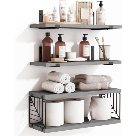 3 1 Tier Bathroom Floating Shelves Over Toilet, 15.8in Farmhouse Rustic Wood Shelves, Wall Decor for Bathroom, Living Room,Bedroom and Kitchen (Gray)