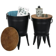 Farmhouse Accent Side Table, Rustic Antique Galvanized End Coffee or Cocktail Table, Storage Metal Bin with Round Wood Lid Set of 2 (Black)
