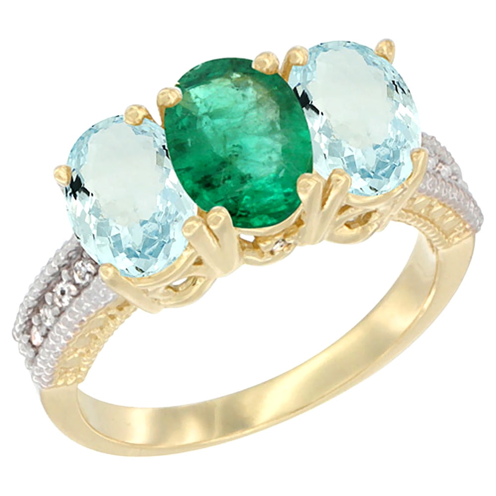 10K Yellow Gold Natural Emerald & Aquamarine Ring 3-Stone Oval 7x5 mm, sizes 5 10 by WorldJewels