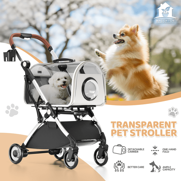 Magshion 2-in-1 Pet Stroller & Detachable Carrier for Dogs Cats up to 33lbs, Lightweight Foldable with Clear Dome & Storage Basket