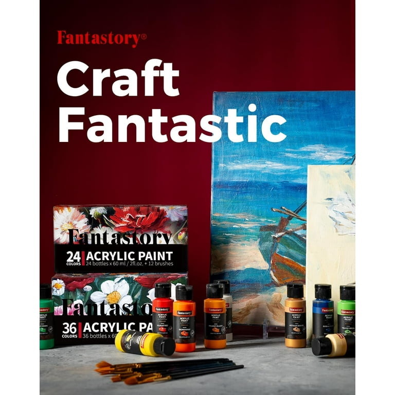 Fantastory Acrylic Paint Set 24 Classic Colors(2oz/60ml) Professional Craft Paint Art Supplies Kit for Adults & Kids Canvas/fabric/rock/glass/ston