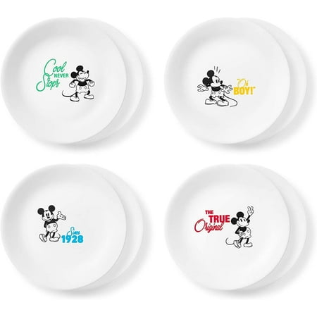 Corelle Vitrelle 8-Piece Salad Plate Set, Triple Layer Glass and Chip Resistant, Lightweight Round Plates and Bowls Set, Disney's Mickey Mouse - The True Original